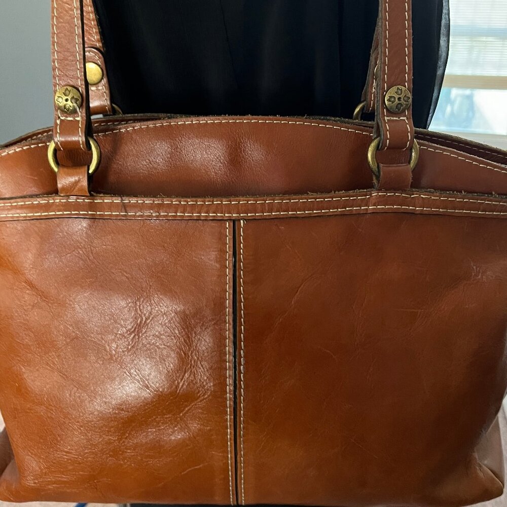 PATRICIA NASH BROWN LARGE LEATHER SHOULDER BAG WITH BRASS HARDWARE PRE-OWNED
